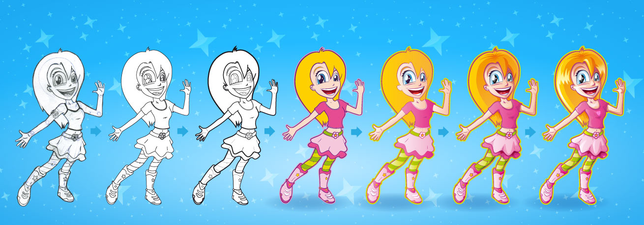 Step by step cartoon girl character illustration design process