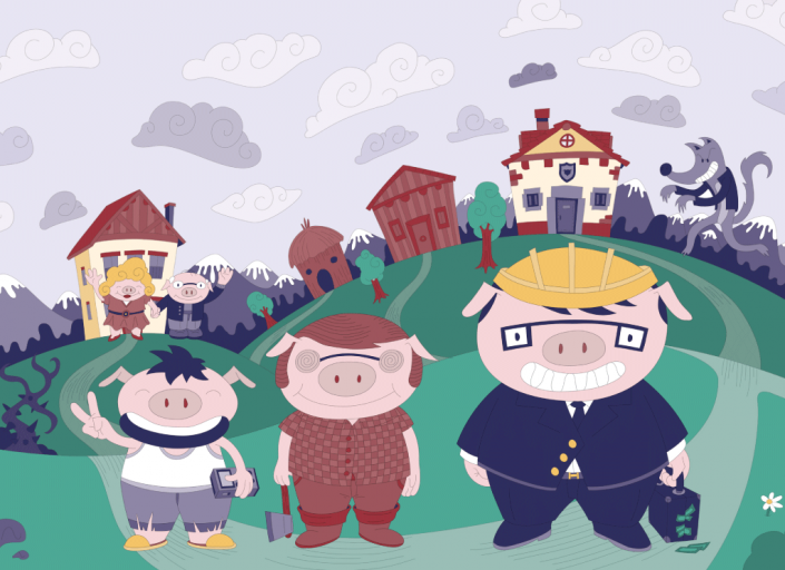 3 Little pigs digital vector illustration